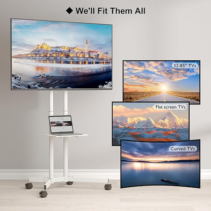 Suport TV stand cu roti, pentru televizoare de 32-85 inch plat si curbat de pana la 60 kg, reglabil in inaltime, VESA maxim 600 x 400 mm, alb