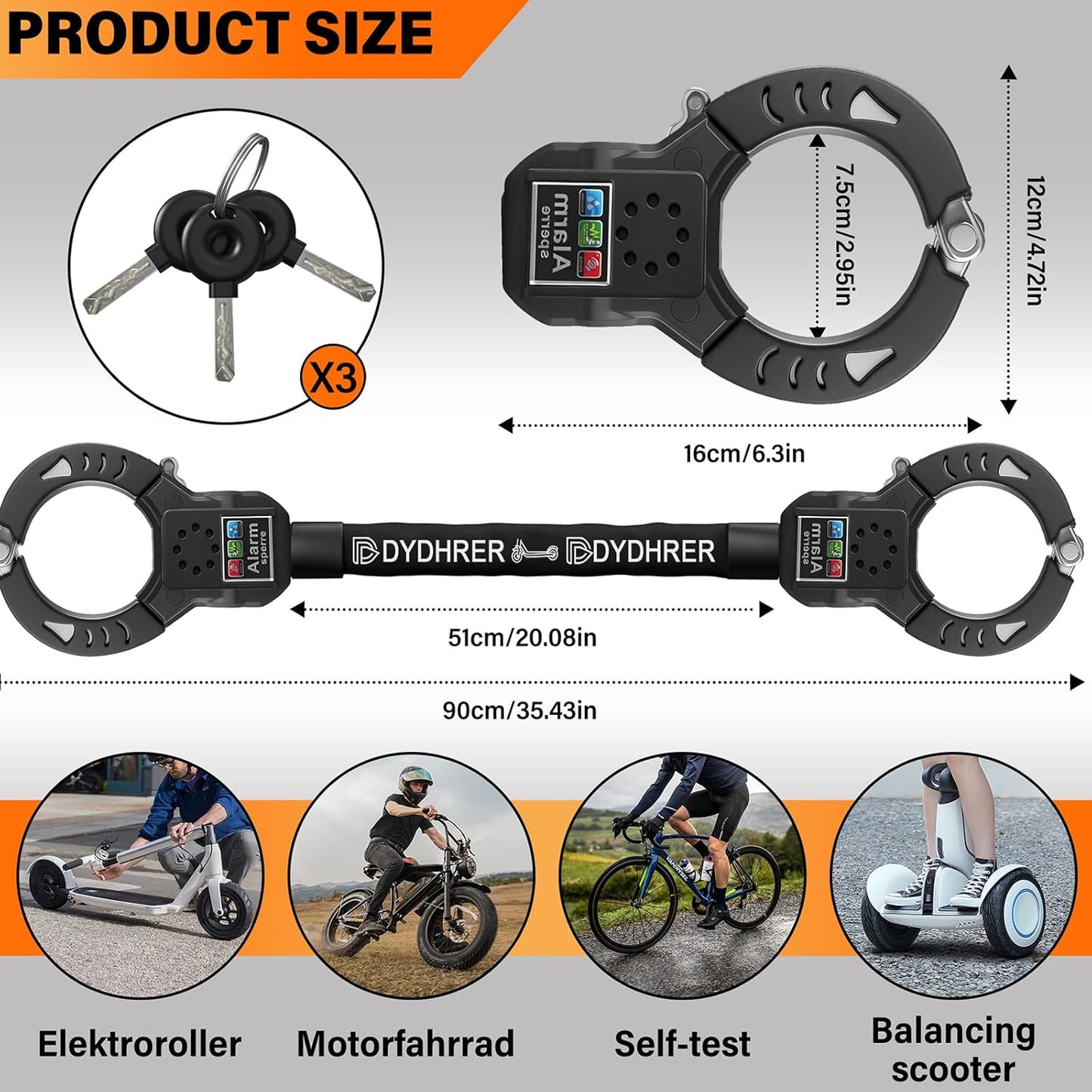 Lacat antifurt pentru bicicleta si trotineta electrica cu alarma 110 dB, lant otel calit 8 mm, lungime 90 cm, protectie anti-taiere, cu husa transport, sistem securitate cu cheie, negru