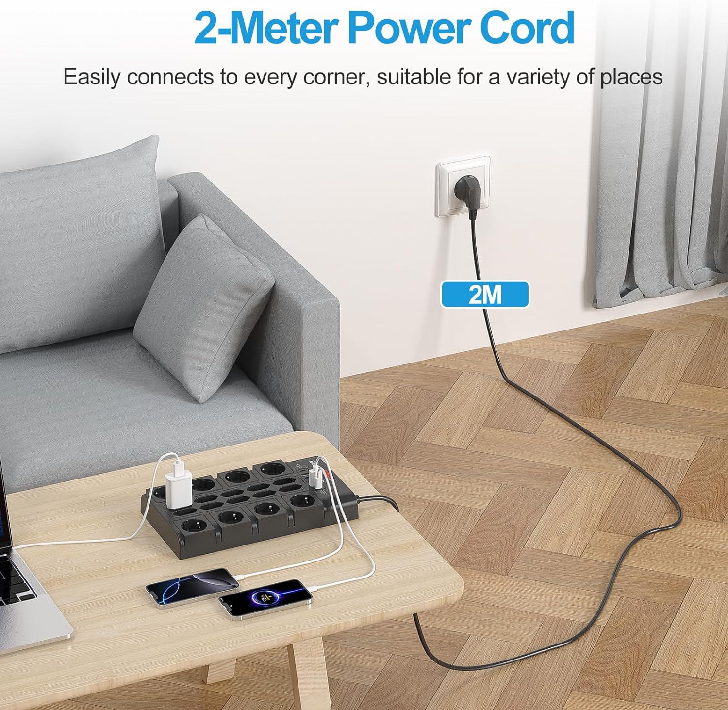 Priza multipla Beva, protectie supratensiune si intrerupator, 18 prize cu USB-C si USB-A, prelungitor 4 m, 3680W/16A, ideal pentru birou si acasa
