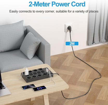 Priza multipla Beva, protectie supratensiune si intrerupator, 18 prize cu USB-C si USB-A, prelungitor 4 m, 3680W/16A, ideal pentru birou si acasa