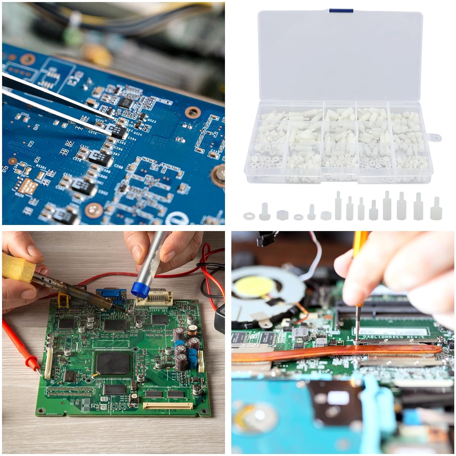 Set 380 de distantiere M2.5 M3 hexagonale, mama-tata, pentru placa PCB, din Nylon, cu piulite si saibe din plasitc, cu cutie de depozitare, albe