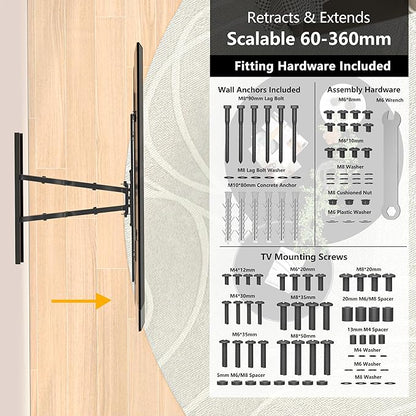Suport TV perete, universal, diagonala 37 - 80 inch, max 65 kg, VESA 100 x 100 - 600 x 400, brat dublu, extindere si retragere 60-360mm, inclinare 5° sus si 15° jos, nivela, cablu HDMI de 1,8 m, ancore perete, pentru televizoare plate sau curbate