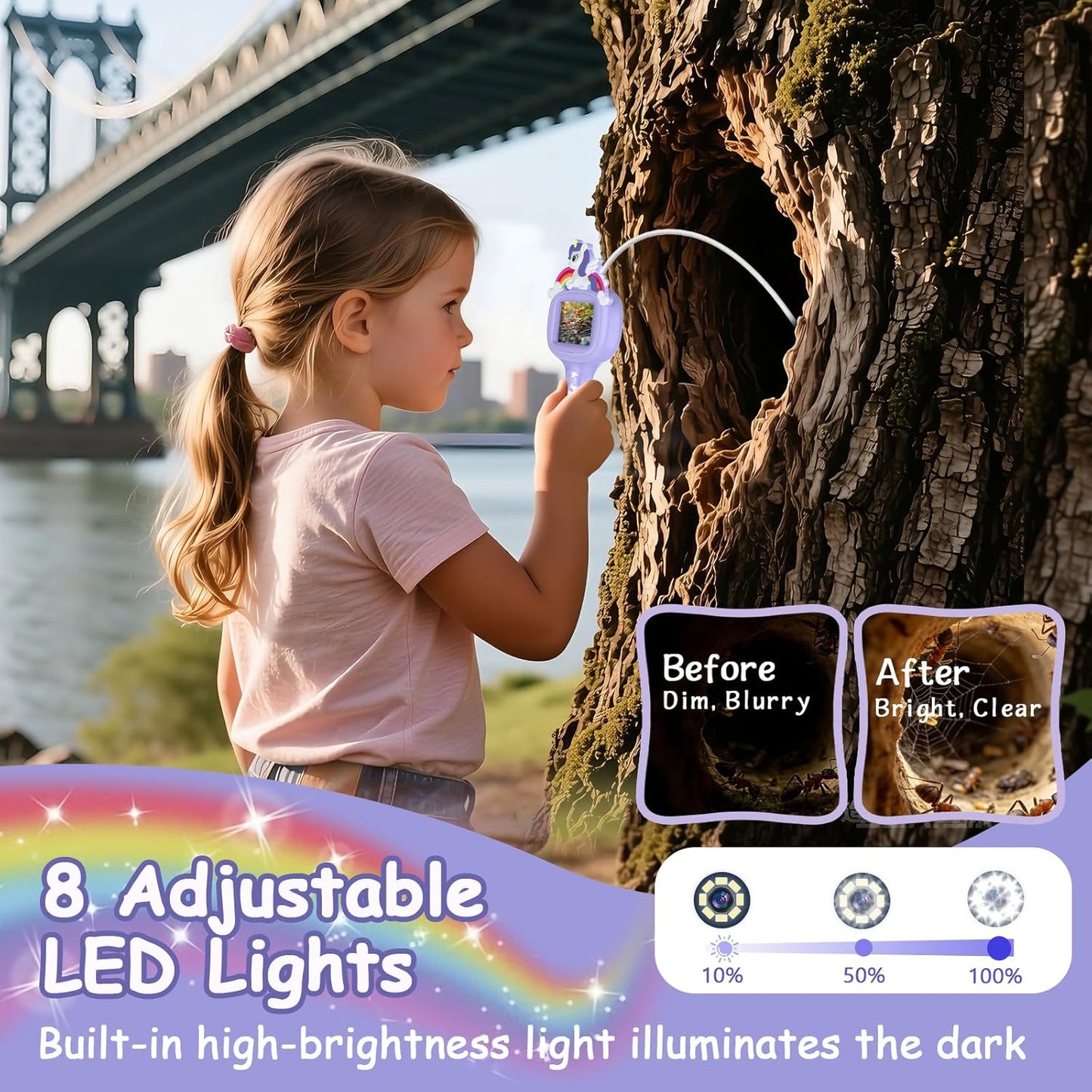 Camera endoscopica pentru copii 1080P cu ecran de 2.4 inch, LED reglabil, IP67 impermeabila, cablu flexibil 1m, zoom 3X, USB-C, jucarie STEM educativa pentru explorare natura, violet