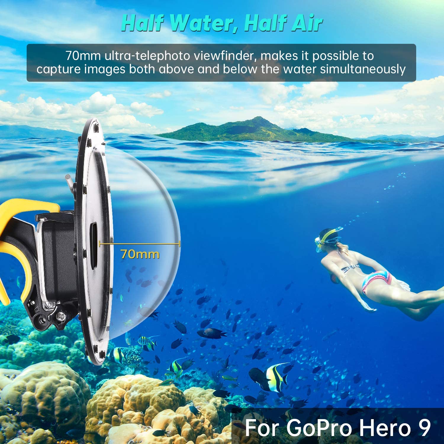Carcasa tip dome compatibil cu GoPro Hero 9 Black, impermeabila, pentru sport acvatic, scufundari, snorkeling, cu unghi larg de actiune