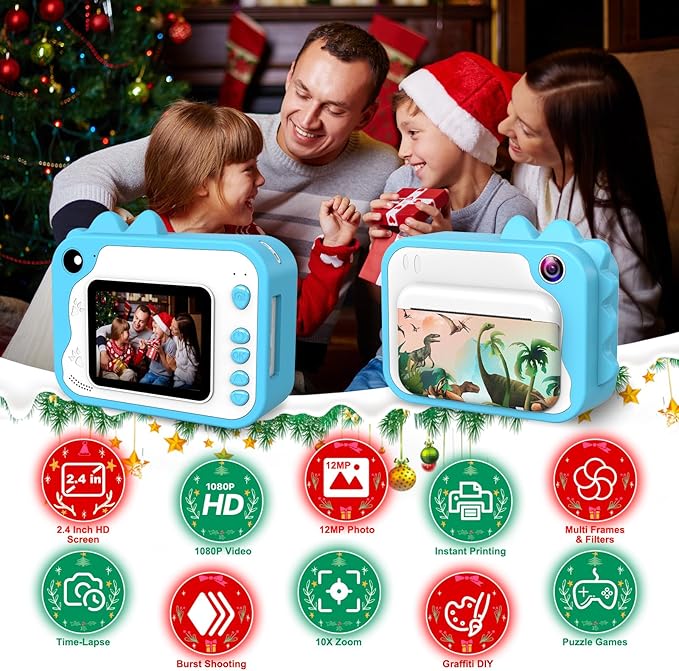 Aparat foto instant pentru copii, functii foto, video, printare, zoom 10X, ecran 2, 4 inch, HD 1080P, 12 MP, memorie 32 GB, baterie 1000 mAh, 7 filtre, 8 efecte, 20 rame, 4 jocuri puzzle, 3 role hartie, 5 carioci, husa de silicon, snur, cablu USB-C