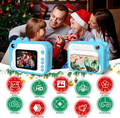 Aparat foto instant pentru copii, functii foto, video, printare, zoom 10X, ecran 2, 4 inch, HD 1080P, 12 MP, memorie 32 GB, baterie 1000 mAh, 7 filtre, 8 efecte, 20 rame, 4 jocuri puzzle, 3 role hartie, 5 carioci, husa de silicon, snur, cablu USB-C