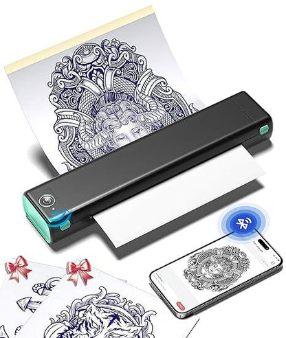 Imprimanta termica portabila pentru tatuaje, Bluetooth, USB, cu 10 hartii de transfer, acumulator 1200 mAh, printare termica directa, fara tus, conectare prin aplicatie, compatibila Android/iOS/Windows/MacOS/ChromeOS