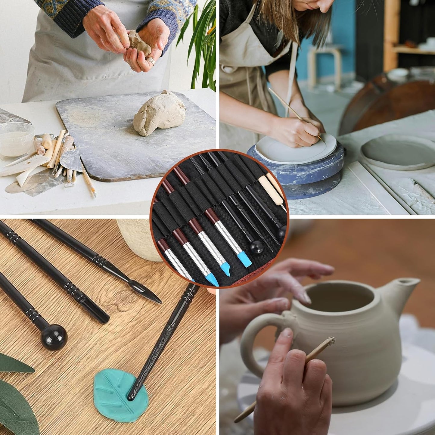 Set unelte de modelaj 66 piese pentru sculptura si ceramica, kit complet DIY pentru lut polimeric, sculptura, olarit si decor, unelte lemn + metal + silicon, geanta depozitare si sort incluse, pentru incepatori si profesionisti