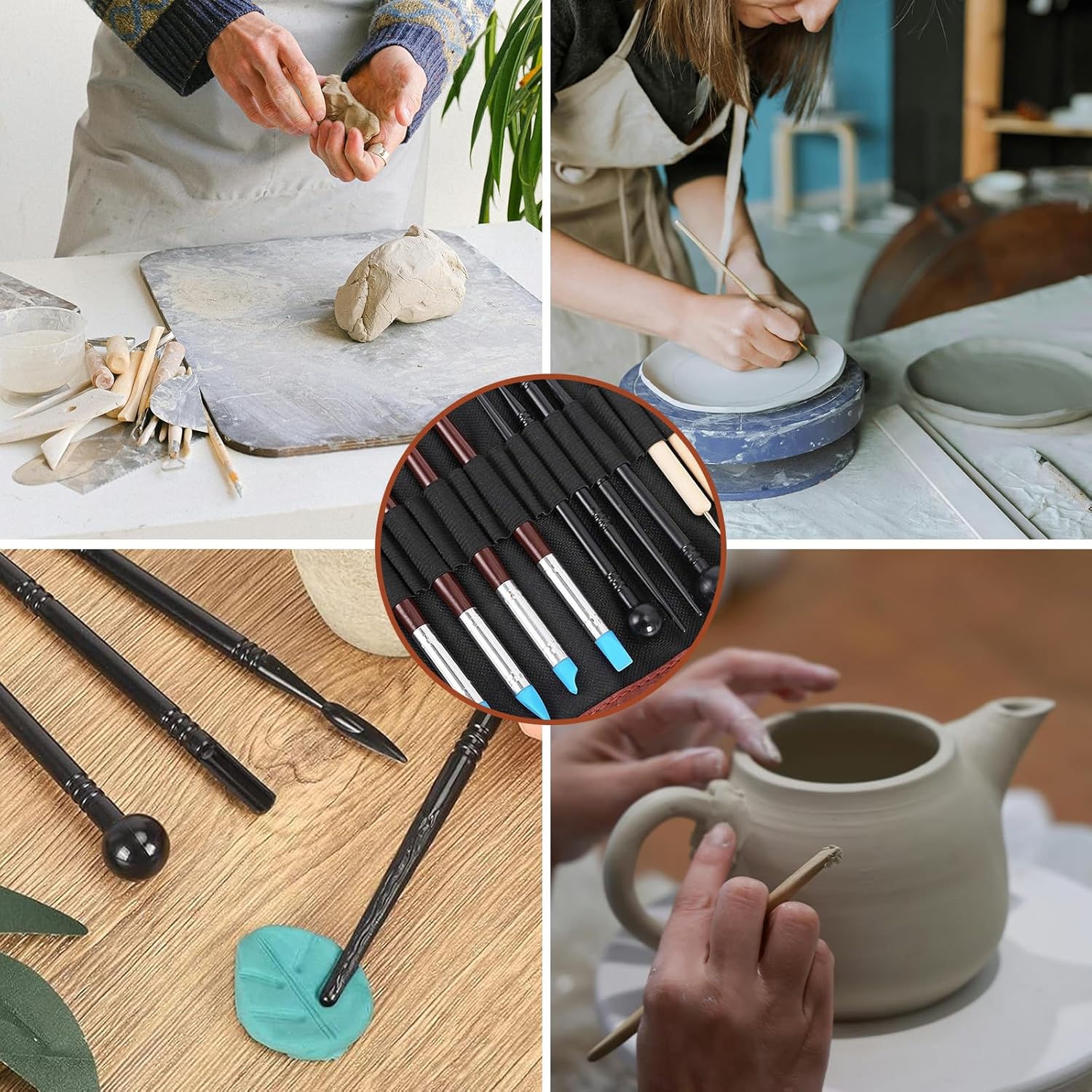 Set unelte de modelaj 66 piese pentru sculptura si ceramica, kit complet DIY pentru lut polimeric, sculptura, olarit si decor, unelte lemn + metal + silicon, geanta depozitare si sort incluse, pentru incepatori si profesionisti