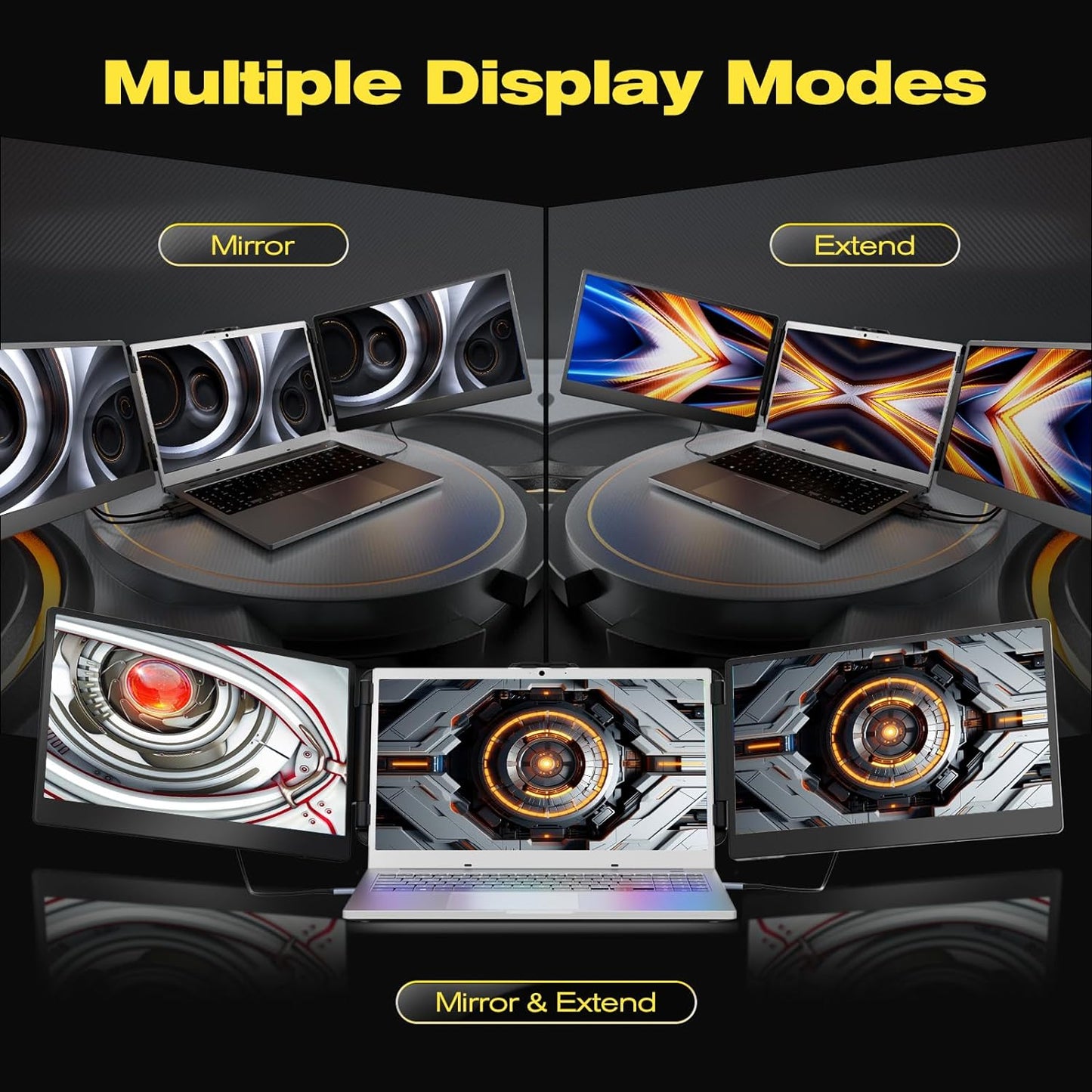 Monitoare portabile 14 inch, IPS 1080P Full HD, HDR,16:9, trei ecrane, pentru laptop, cu USB-C, functie Mirror si Extend, Plug & Play, cu stand ajustabil si difuzor incorporat, pentru Mac, Windows, Chrome, KEFEYA