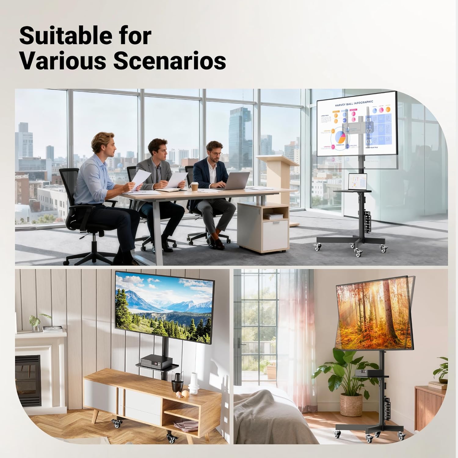 Suport TV mobil cu roti pentru televizoare de 23-55 inch, reglabil pe inaltime si inclinare +6°/-3°, compatibil VESA 400x400, cu raft pentru laptop/consola, pentru LED, LCD, OLED, Plasma, capacitate 40 kg, negru
