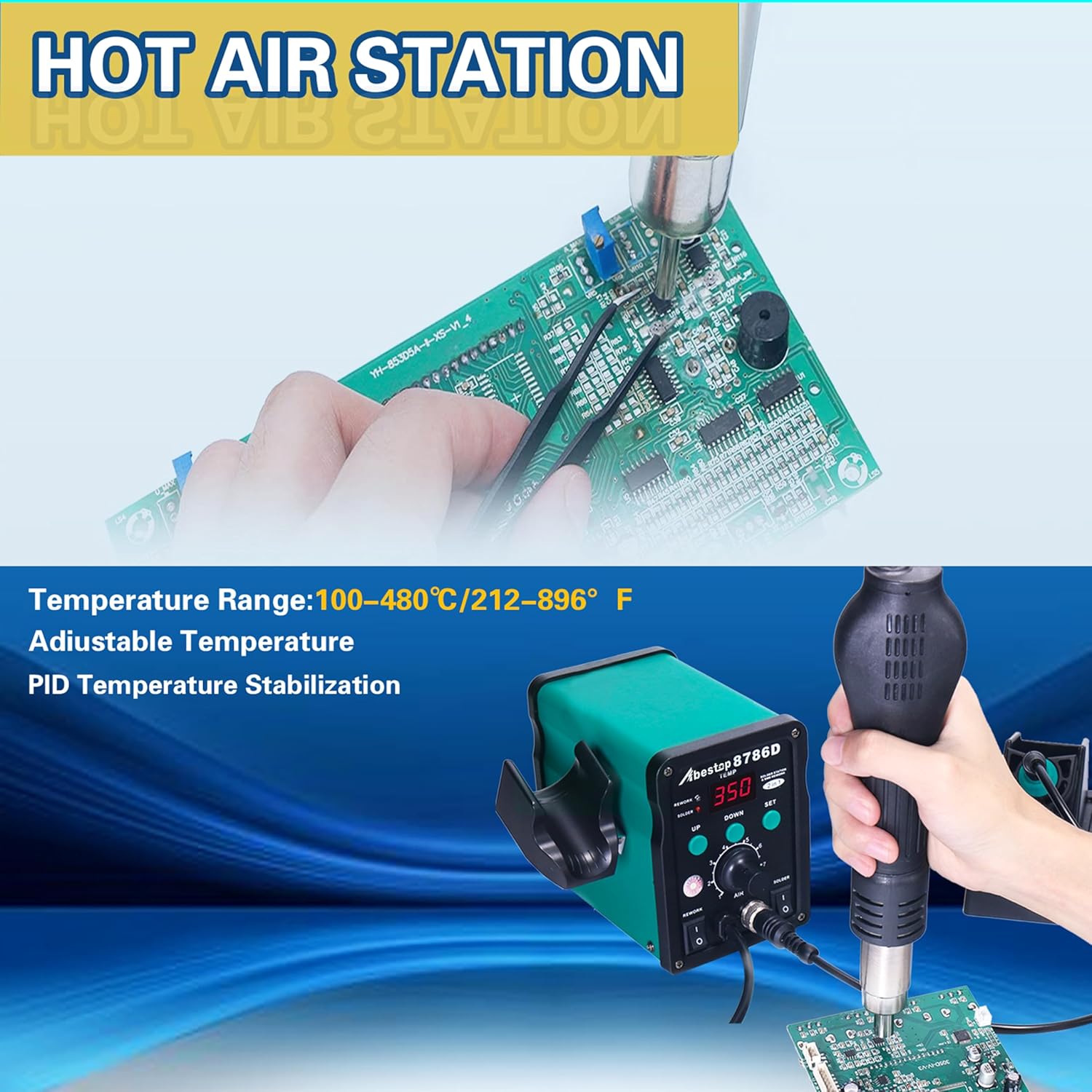 Statie de lipit si dezlipit 2 in 1 cu letcon si aer cald, Max 480°C, debit de aer 120L/min, functie stabilizare tensiune, cu display, 10 varfuri de letcon si 3 duze de aer cald