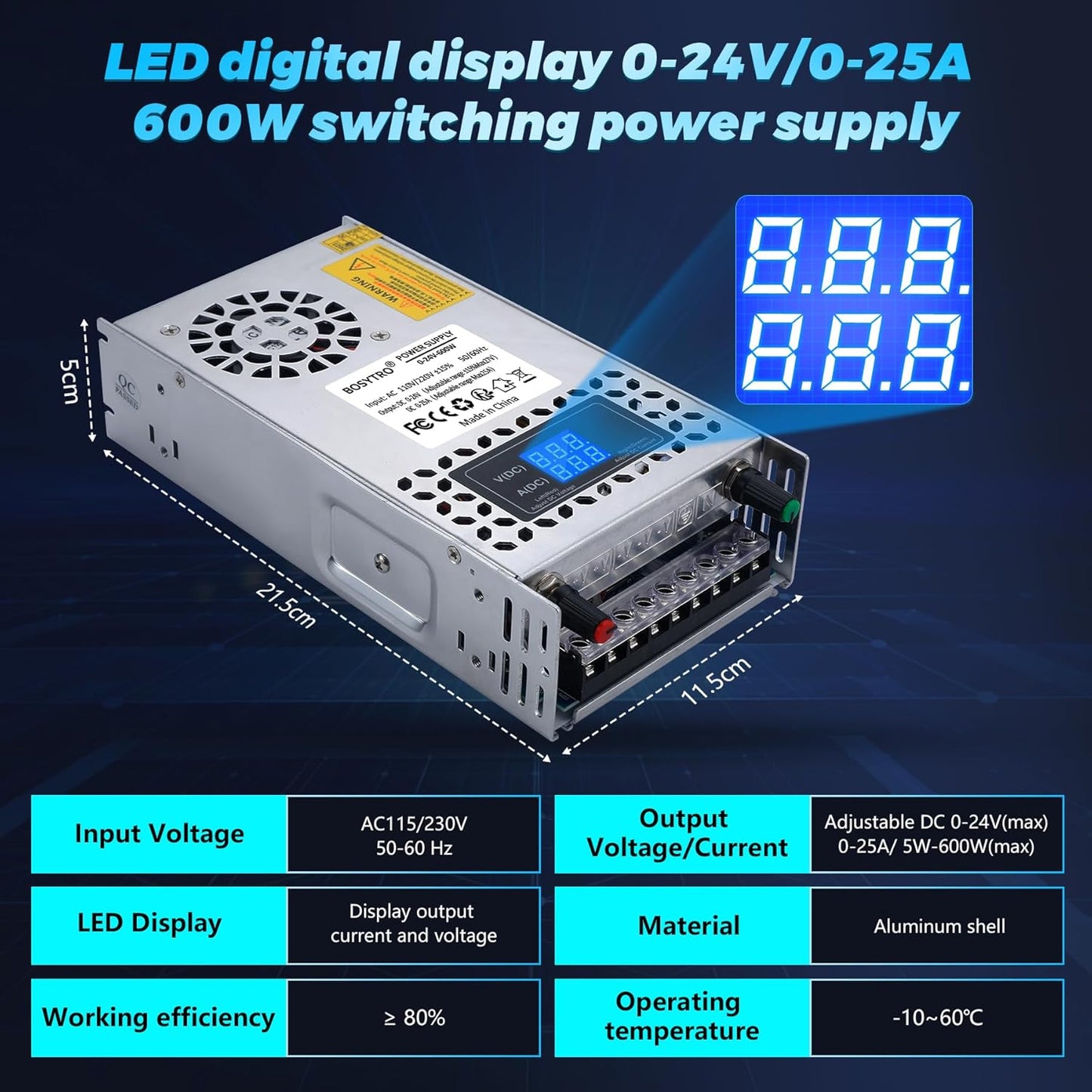 Sursa de alimentare modulara reglabila 0-24V, 0-25A, AC 110V/220V, 600 W, cu display, ventilata, carcasa din aluminiu, pentru banda LED, sisteme supraveghere video, automatizari