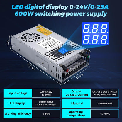 Sursa de alimentare modulara reglabila 0-24V, 0-25A, AC 110V/220V, 600 W, cu display, ventilata, carcasa din aluminiu, pentru banda LED, sisteme supraveghere video, automatizari