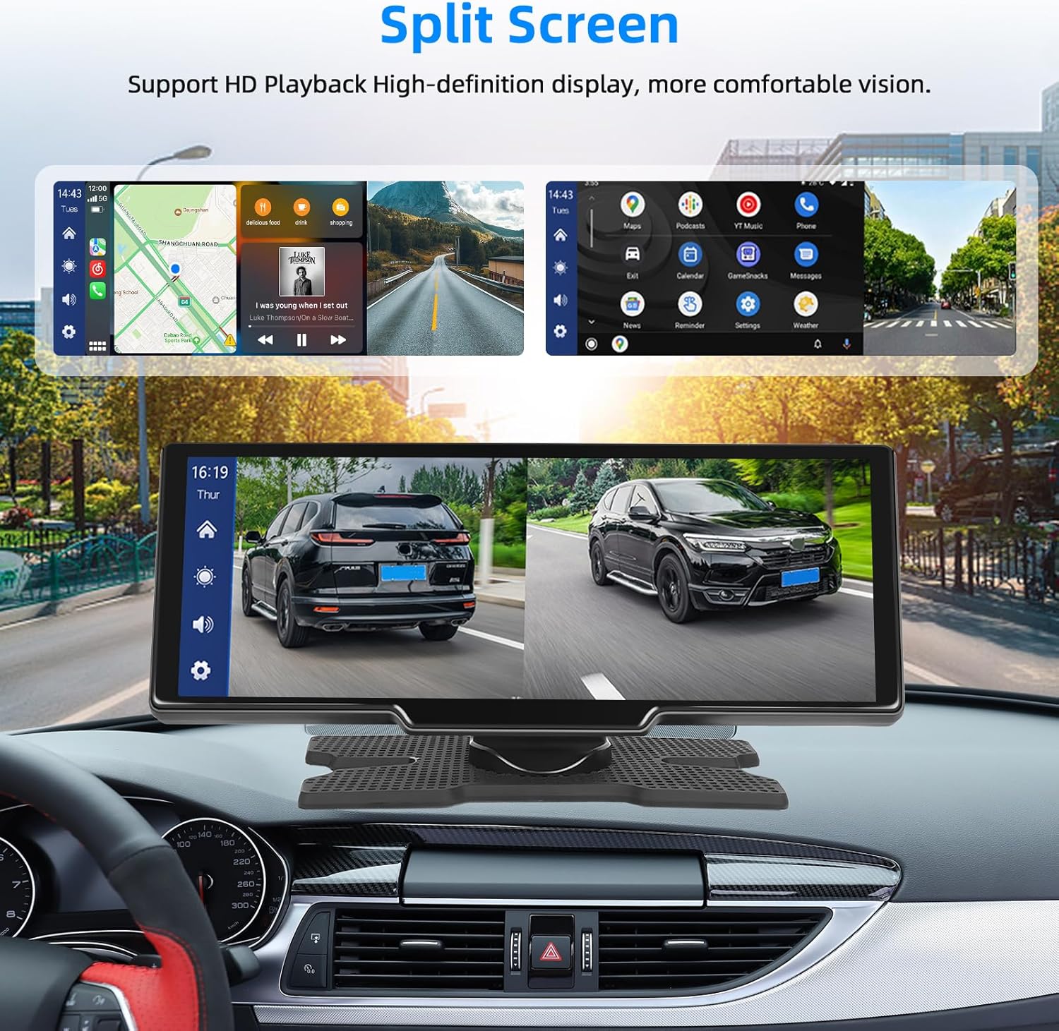 Navigatie auto, Multimedia 9, 3 inch cu camera de bord, control prin Apple CarPlay si Android Auto, cu touchscreen, Bluetooth, Transmitator FM, control vocal, split-screen, inregistrare in bucla, 7-32 V
