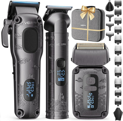 Set masina de tuns profesionala VGRPRO 3 in 1 masina de tuns, trimmer si aparat de ras, 4 viteze pana la 7500 RPM, 15 accesorii, impermeabil IPX7, display LED, baterie reincarcabila, wireless, pentru par si barba