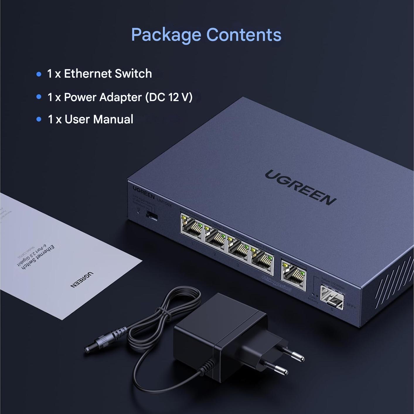 Switch LAN UGREEN 2.5 G cu 5 porturi 2.5G + 1 port SFP+ 10G, neadministrat, pentru PC, NAS, server, WiFi 6, transfer rapid date, carcasa metalica, montare desktop sau perete