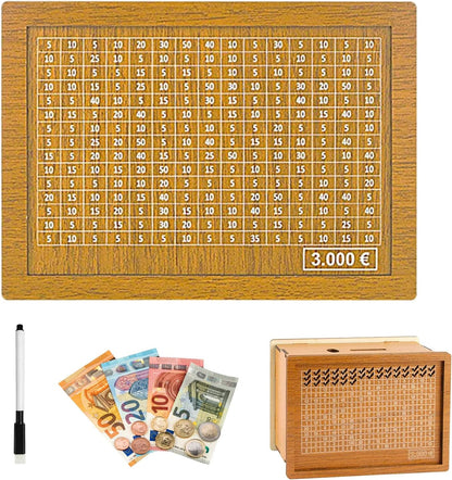 Pusculita din lemn cu tinta de economii si numere pentru bifat, 17 x 12.5 x7 cm, reutilizabila