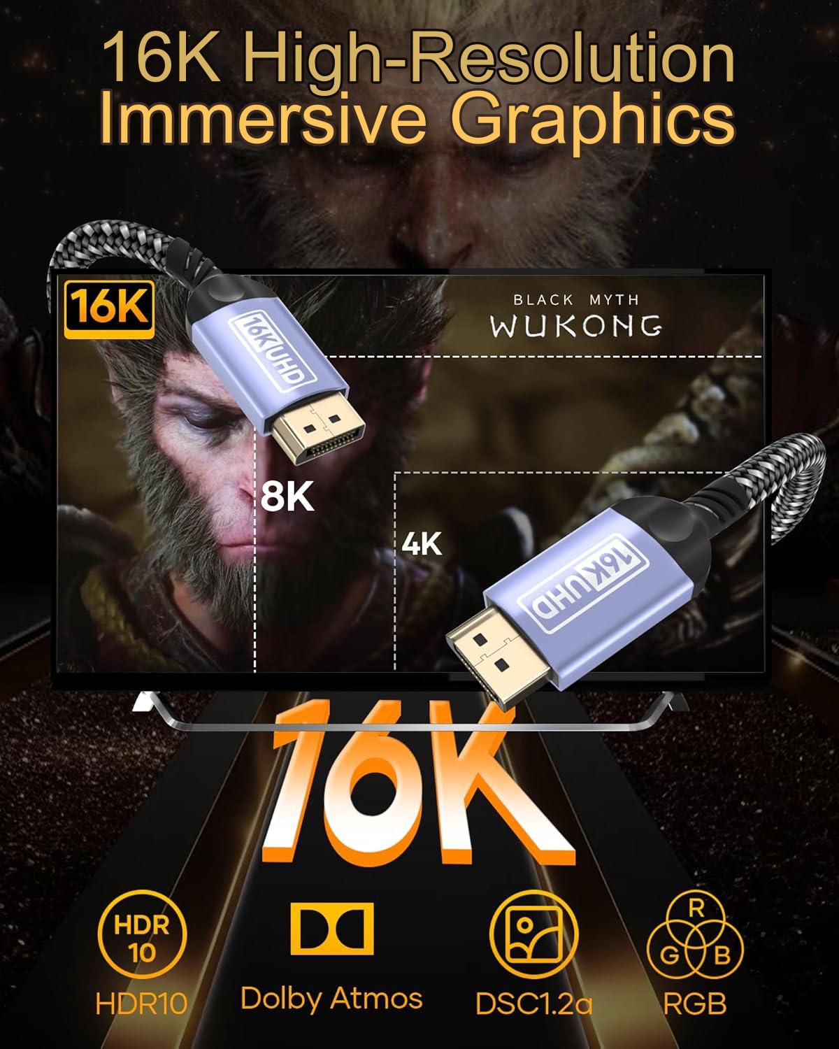 Cablu video DisplayPort 2.1 16K, de 3 m, 16K@60Hz, 10K@60Hz, 8K@120Hz, 4K@240Hz/165Hz/144Hz, 2K@360Hz/240Hz, accepta pana la 80 Gbps, DisplayPort tata la DisplayPort tata