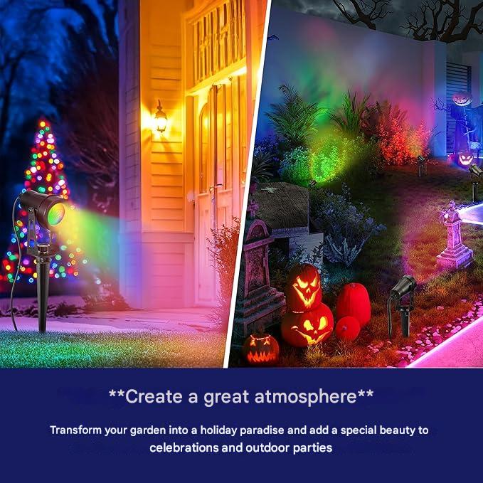 Set 6 lampi pentru gradina, RGB LED, 12 V, 18 W, 1200 lm, proiector cu telecomanda, impermeabil IP65, Iluminat exterior pentru gradina, curte, petrecere, copaci, cu tarus si cablu de 20 m