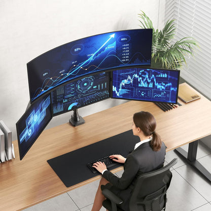 Suport 4 monitoare PUTORSEN pentru birou, 1x49 inch, 3x27 inch, VESA 75 x 100, pentru monitoare plate si curbate, brate reglabile cu arc, inaltime reglabila 80 cm, rotire, inclinare si pivotare, montare cu clema sau grommet