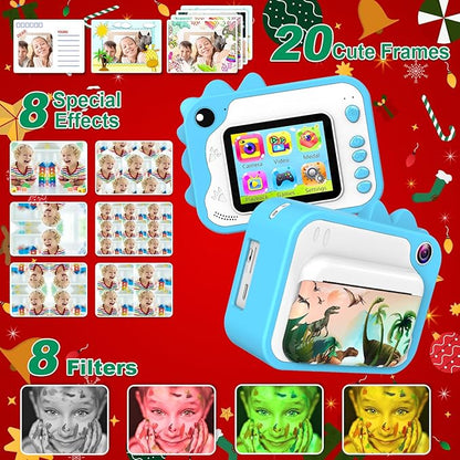 Aparat foto instant pentru copii, functii foto, video, printare, zoom 10X, ecran 2, 4 inch, HD 1080P, 12 MP, memorie 32 GB, baterie 1000 mAh, 7 filtre, 8 efecte, 20 rame, 4 jocuri puzzle, 3 role hartie, 5 carioci, husa de silicon, snur, cablu USB-C