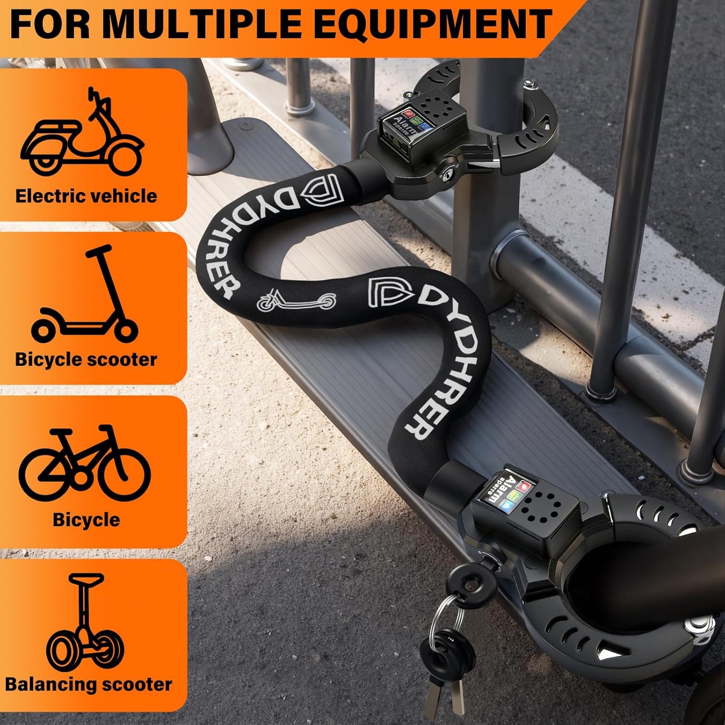 Lacat antifurt pentru bicicleta si trotineta electrica cu alarma 110 dB, lant otel calit 8 mm, lungime 90 cm, protectie anti-taiere, cu husa transport, sistem securitate cu cheie, negru