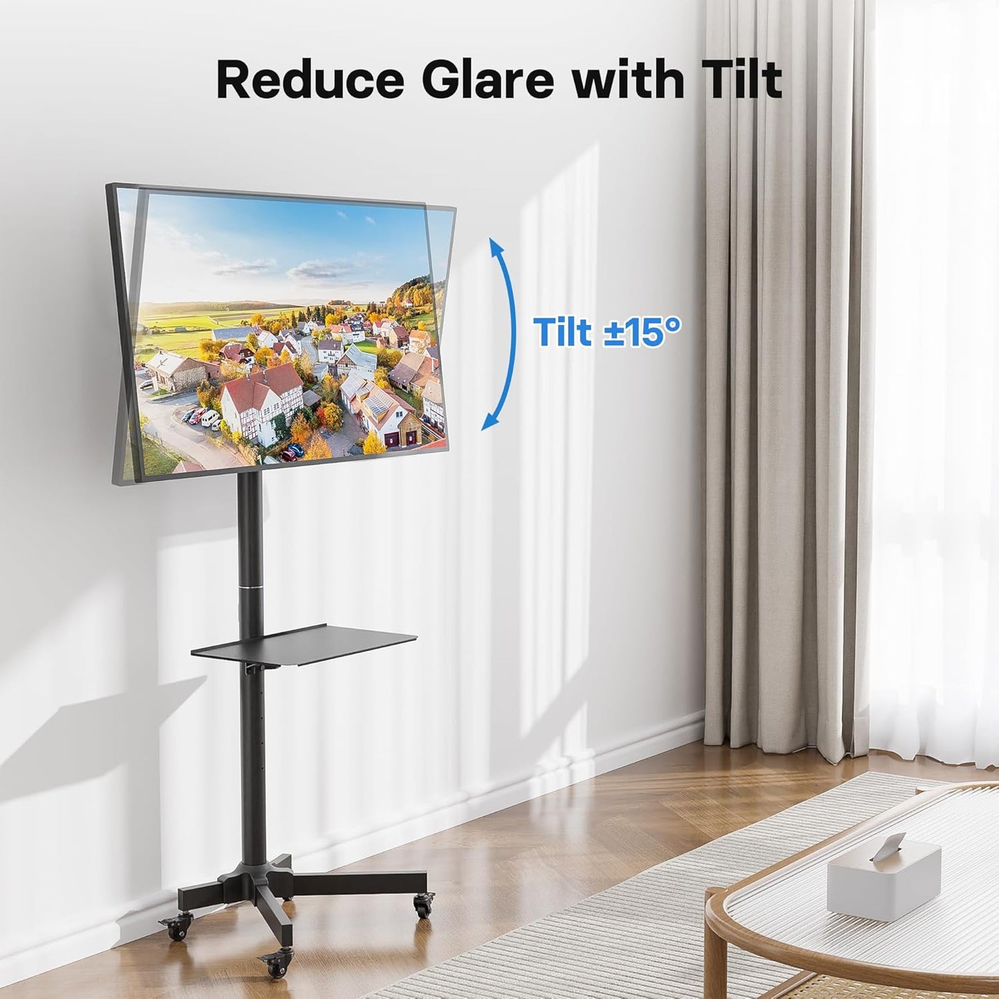 Suport TV BONTEC cu roti pentru ecrane Plasma/LCD/LED de 23-55 inch, pana la 40 kg, suport rulant reglabil pe inaltime si functie de inclinare cu raft pentru laptop, MAX VESA 400x400