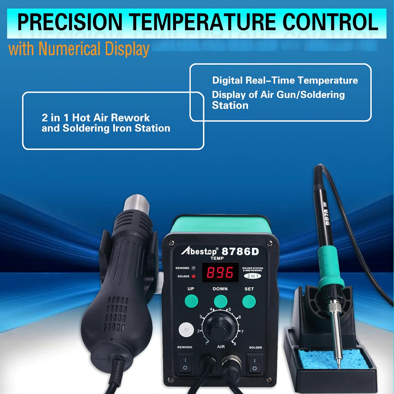 Statie de lipit si dezlipit 2 in 1 cu letcon si aer cald, Max 480°C, debit de aer 120L/min, functie stabilizare tensiune, cu display, 10 varfuri de letcon si 3 duze de aer cald
