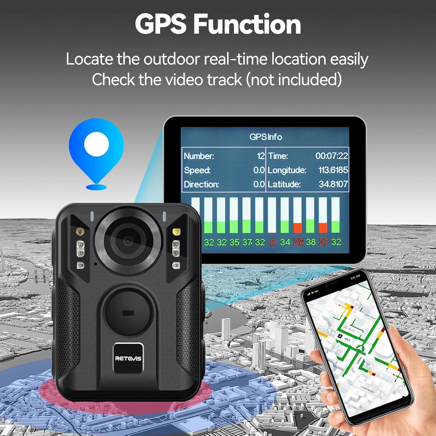 Camera video corporala, Bodycam 4K cu GPS, Nightvision, inregistrare in bucla, display, portabila, unghi larg 170°, 128 GB memorie, cu ventuza pentru masina si clema de haina