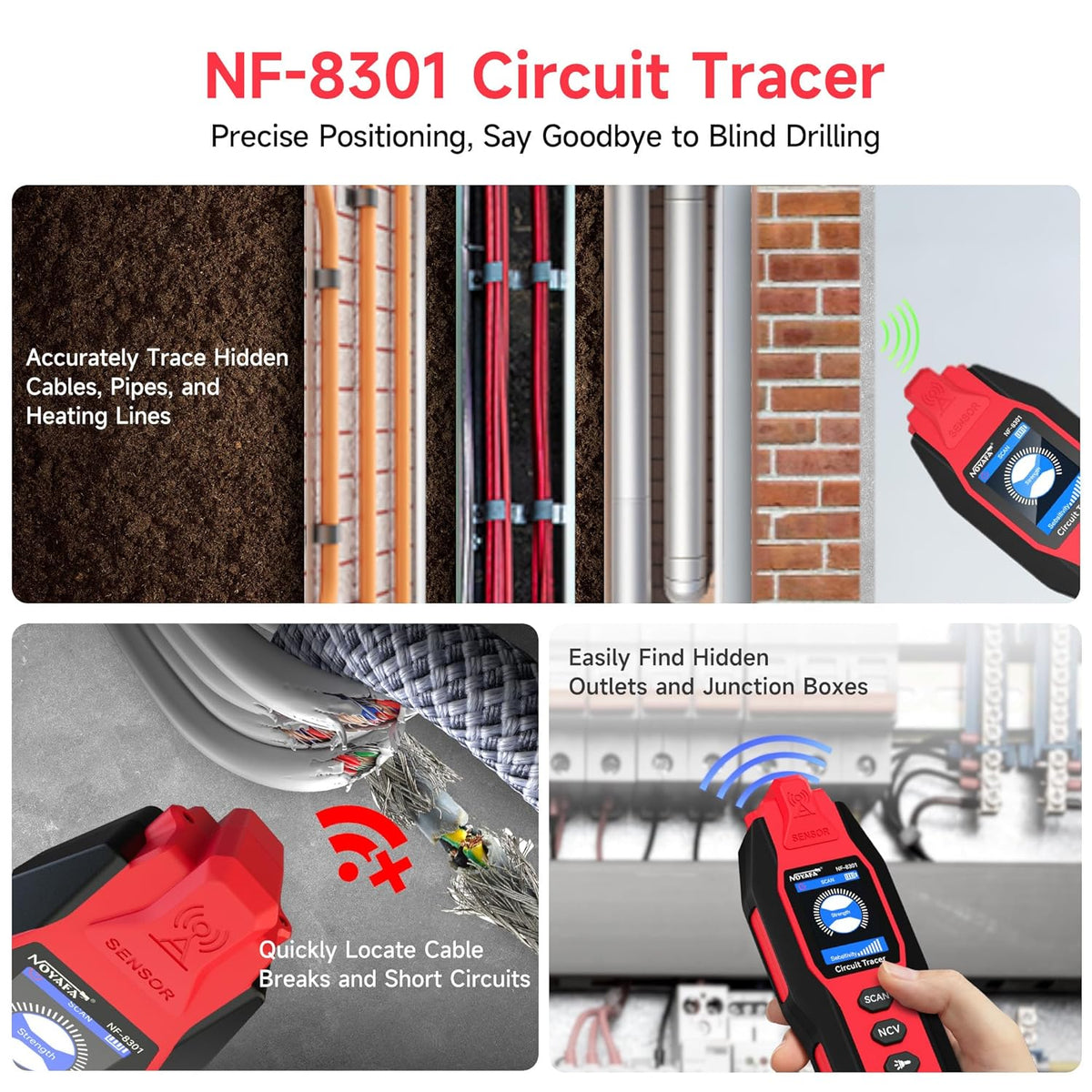 Detector profesional cabluri si circuite NOYAFA NF-8301, cu multimetru digital integrat, functie NCV fara contact 400V, 8 niveluri sensibilitate reglabila, localizare cabluri subterane si in perete, indicator semnal, lanterna LED, kit complet, rosu