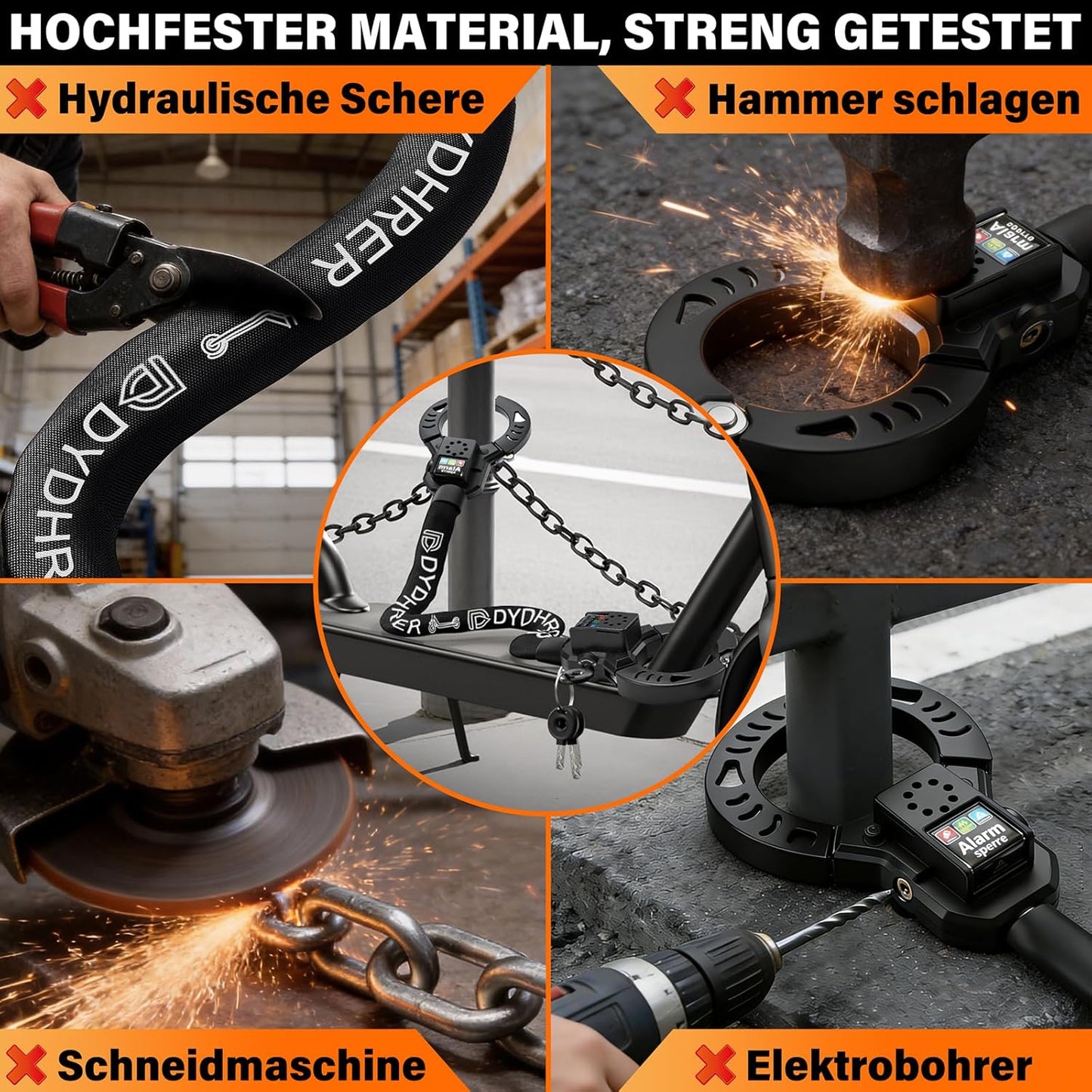Lacat antifurt pentru bicicleta si trotineta electrica cu alarma 110 dB, lant otel calit 8 mm, lungime 90 cm, protectie anti-taiere, cu husa transport, sistem securitate cu cheie, negru
