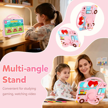 Husa de protectie pentru Samsung Galaxy Tab A9 Plus –  3D roz, din silicon, rezistenta la socuri, cu suport rotativ 360°, maner si curea de umar, pentru copii si fete
