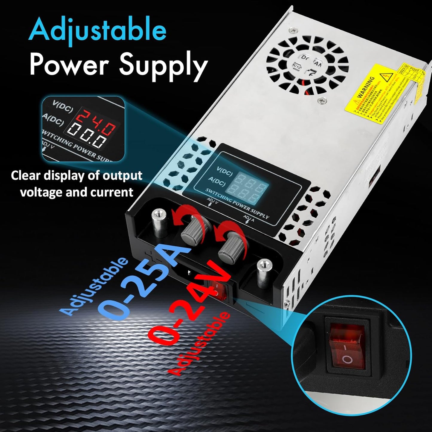 Sursa de alimentare reglabila 0-24V, 25A, 110V/220V AC 0-24Volt, 600 W, cu display, ventilata, carcasa din aluminiu, pentru banda LED