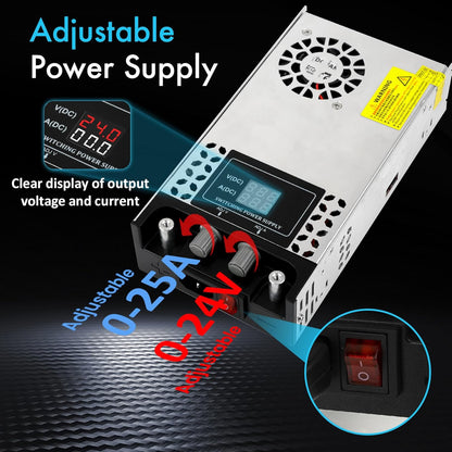 Sursa de alimentare reglabila 0-24V, 25A, 110V/220V AC 0-24Volt, 600 W, cu display, ventilata, carcasa din aluminiu, pentru banda LED