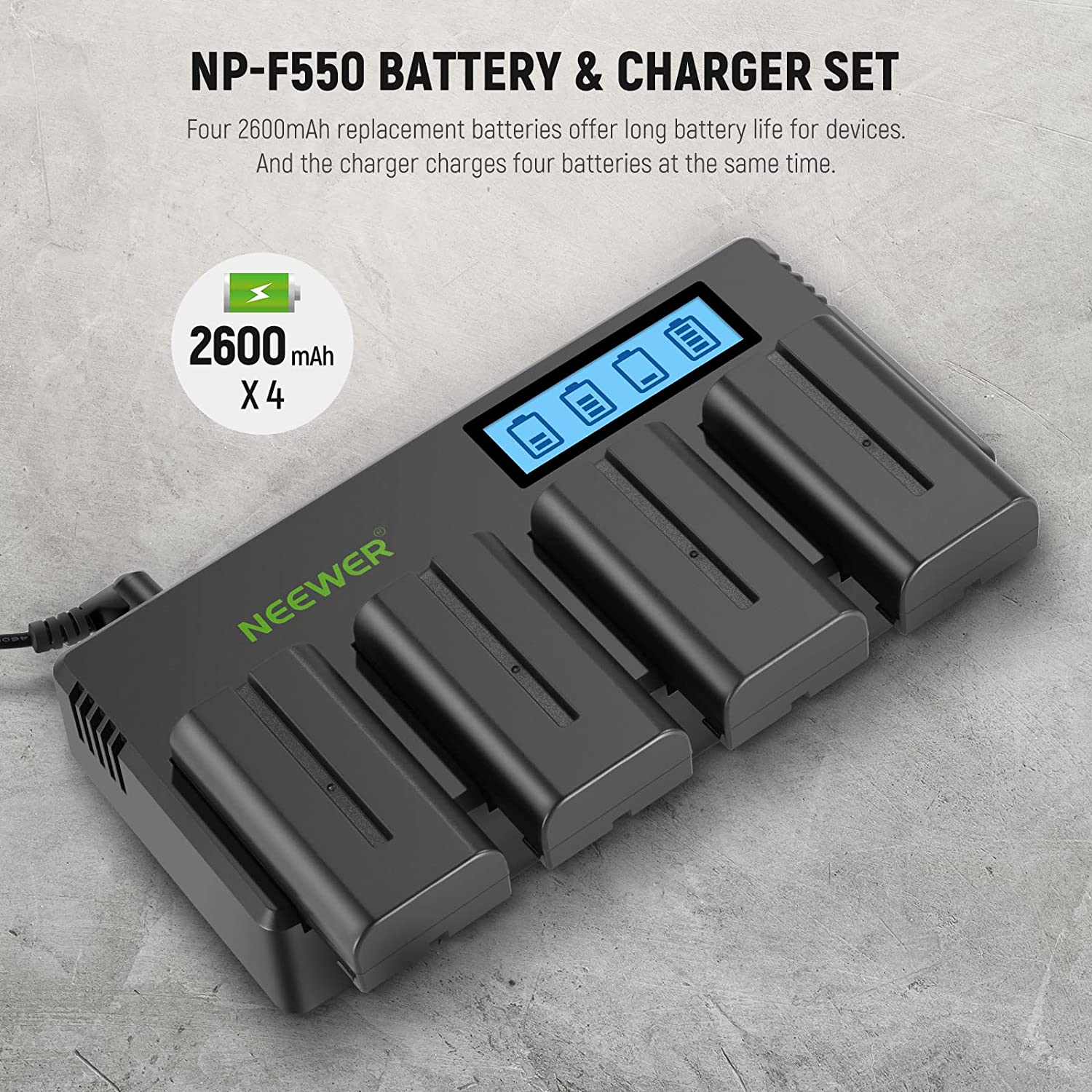 Set de 4 acumulatori NP F550 2600mAh cu incarcator cu 4 canale si display LCD compatibile cu NP F550/750/770/970 FM500H QM71D QM91D