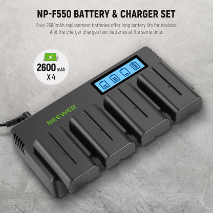 Set de 4 acumulatori NP F550 2600mAh cu incarcator cu 4 canale si display LCD compatibile cu NP F550/750/770/970 FM500H QM71D QM91D
