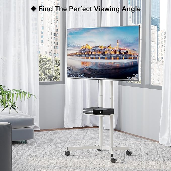 Suport TV stand cu roti, pentru televizoare de 32-85 inch plat si curbat de pana la 60 kg, reglabil in inaltime, VESA maxim 600 x 400 mm, alb