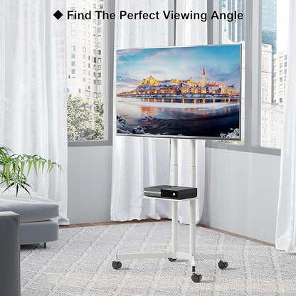Suport TV stand cu roti, pentru televizoare de 32-85 inch plat si curbat de pana la 60 kg, reglabil in inaltime, VESA maxim 600 x 400 mm, alb