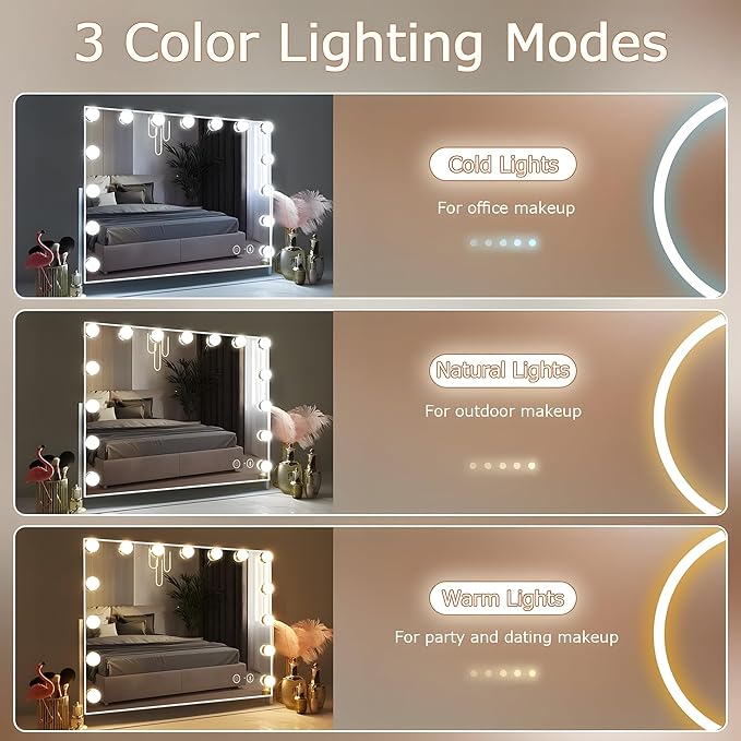 Oglinda cosmetica cu difuzor Bluetooth, oglinda machiaj cu lumini LED dimabile, temperatura reglabila rece-naturala-calda, butoane cu touch si port USB, rotativa 360°, alba