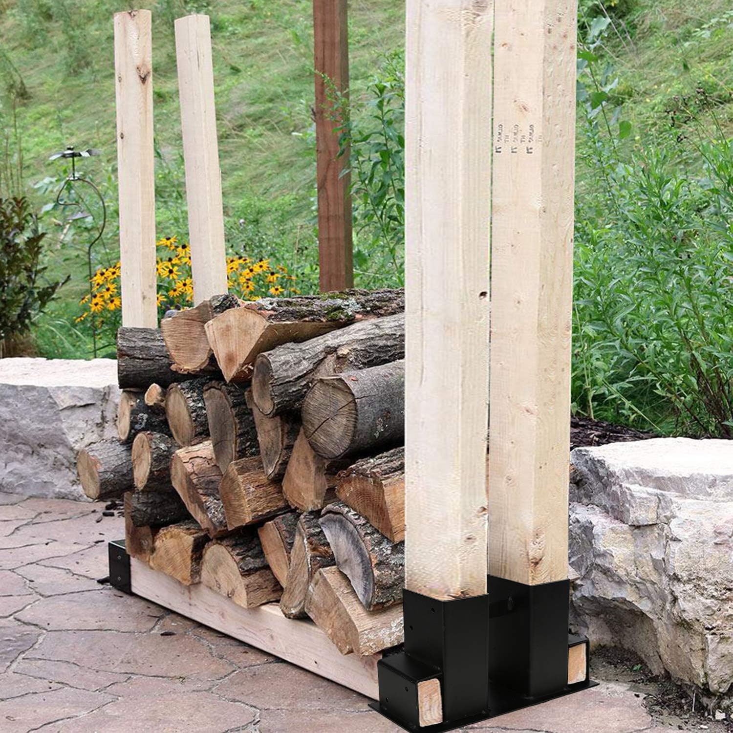 Set suport stivuire pentru lemne de foc, 4 bucati metalice reglabile, cadru robust pentru depozitare lemne, 70x70 mm si 40x60 mm, montaj rapid, ideal pentru garaj, subsol sau exterior
