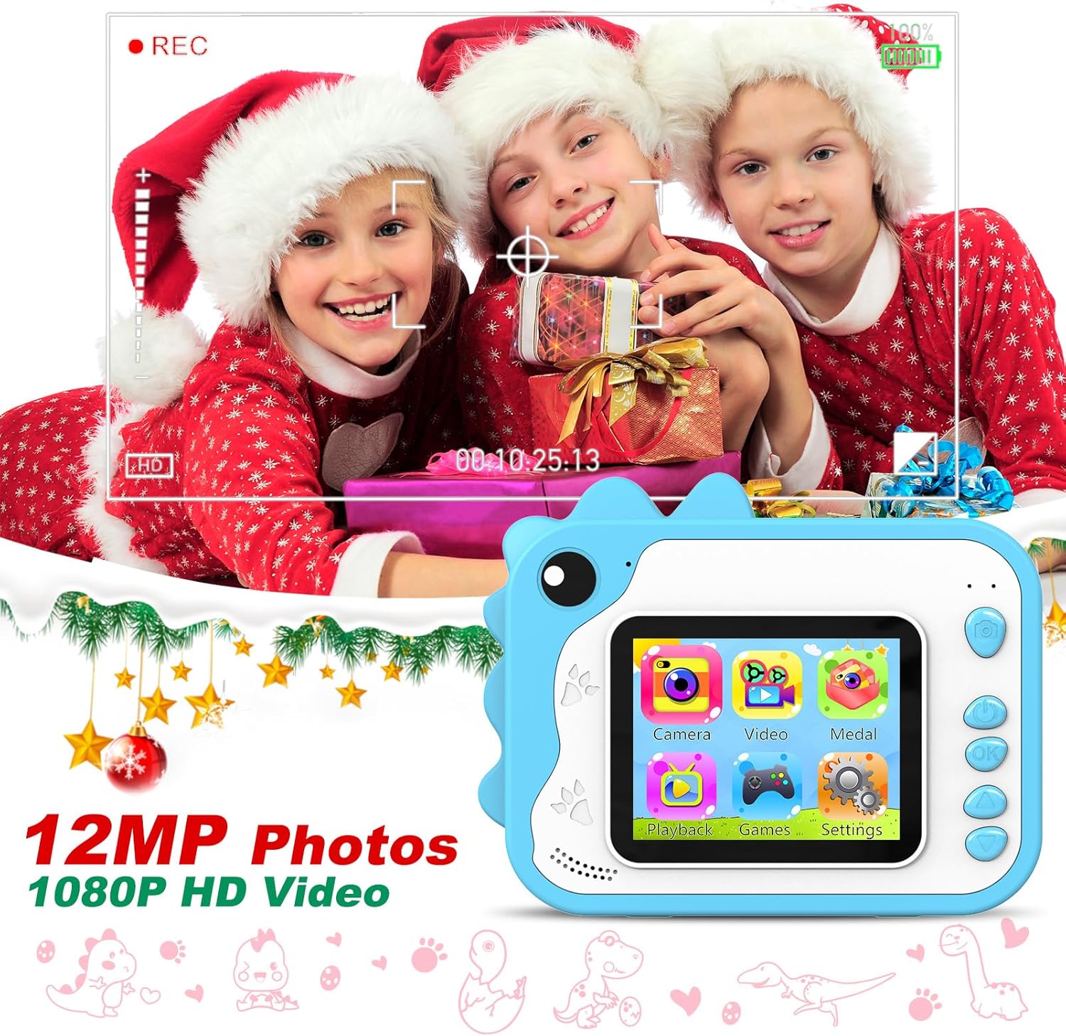 Aparat foto instant pentru copii, functii foto, video, printare, zoom 10X, ecran 2, 4 inch, HD 1080P, 12 MP, memorie 32 GB, baterie 1000 mAh, 7 filtre, 8 efecte, 20 rame, 4 jocuri puzzle, 3 role hartie, 5 carioci, husa de silicon, snur, cablu USB-C