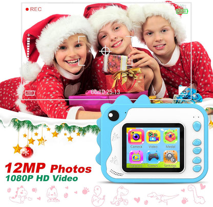 Aparat foto instant pentru copii, functii foto, video, printare, zoom 10X, ecran 2, 4 inch, HD 1080P, 12 MP, memorie 32 GB, baterie 1000 mAh, 7 filtre, 8 efecte, 20 rame, 4 jocuri puzzle, 3 role hartie, 5 carioci, husa de silicon, snur, cablu USB-C