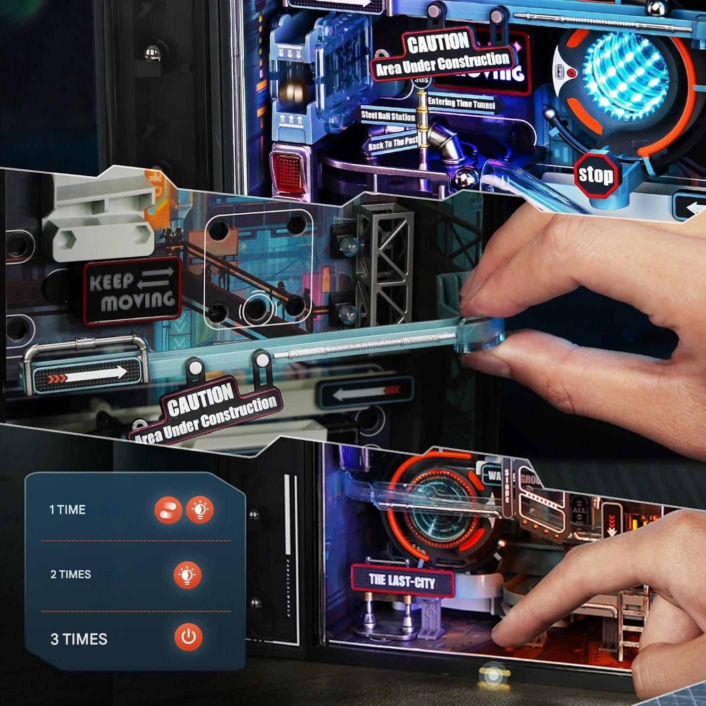Puzzle 3D Marble Run Lumea paralela, electric, model Cyberpunk, calatorie bile 187 cm, 6 seturi de lumini, peste 10 efecte de lumina, pentru adulti, negru