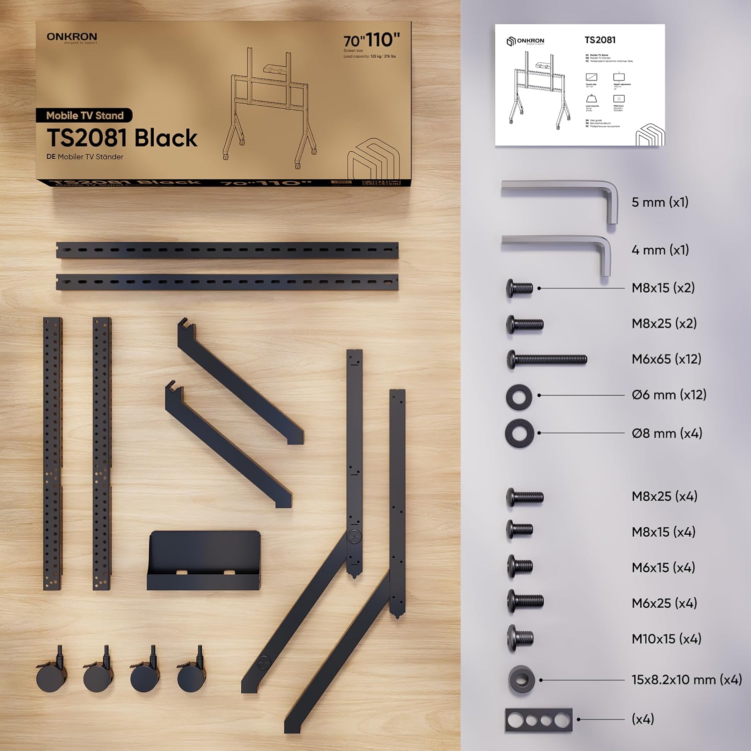 Suport Tv Cu Roti Onkron Pentru Televizoare De 70-110 Inch, Sarcina Maxima 125 Kg, Carucior Tv Cu Raft, Suport Tv Vesa 200X200-1000X800, Suport Tv Mobil Cu Roti, Negru Ts2081-B