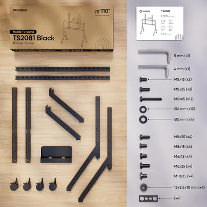 Suport Tv Cu Roti Onkron Pentru Televizoare De 70-110 Inch, Sarcina Maxima 125 Kg, Carucior Tv Cu Raft, Suport Tv Vesa 200X200-1000X800, Suport Tv Mobil Cu Roti, Negru Ts2081-B