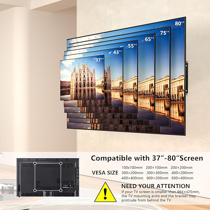 Suport TV perete, universal, diagonala 37 - 80 inch, max 65 kg, VESA 100 x 100 - 600 x 400, brat dublu, extindere si retragere 60-360mm, inclinare 5° sus si 15° jos, nivela, cablu HDMI de 1,8 m, ancore perete, pentru televizoare plate sau curbate