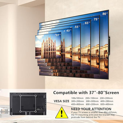Suport TV perete, universal, diagonala 37 - 80 inch, max 65 kg, VESA 100 x 100 - 600 x 400, brat dublu, extindere si retragere 60-360mm, inclinare 5° sus si 15° jos, nivela, cablu HDMI de 1,8 m, ancore perete, pentru televizoare plate sau curbate