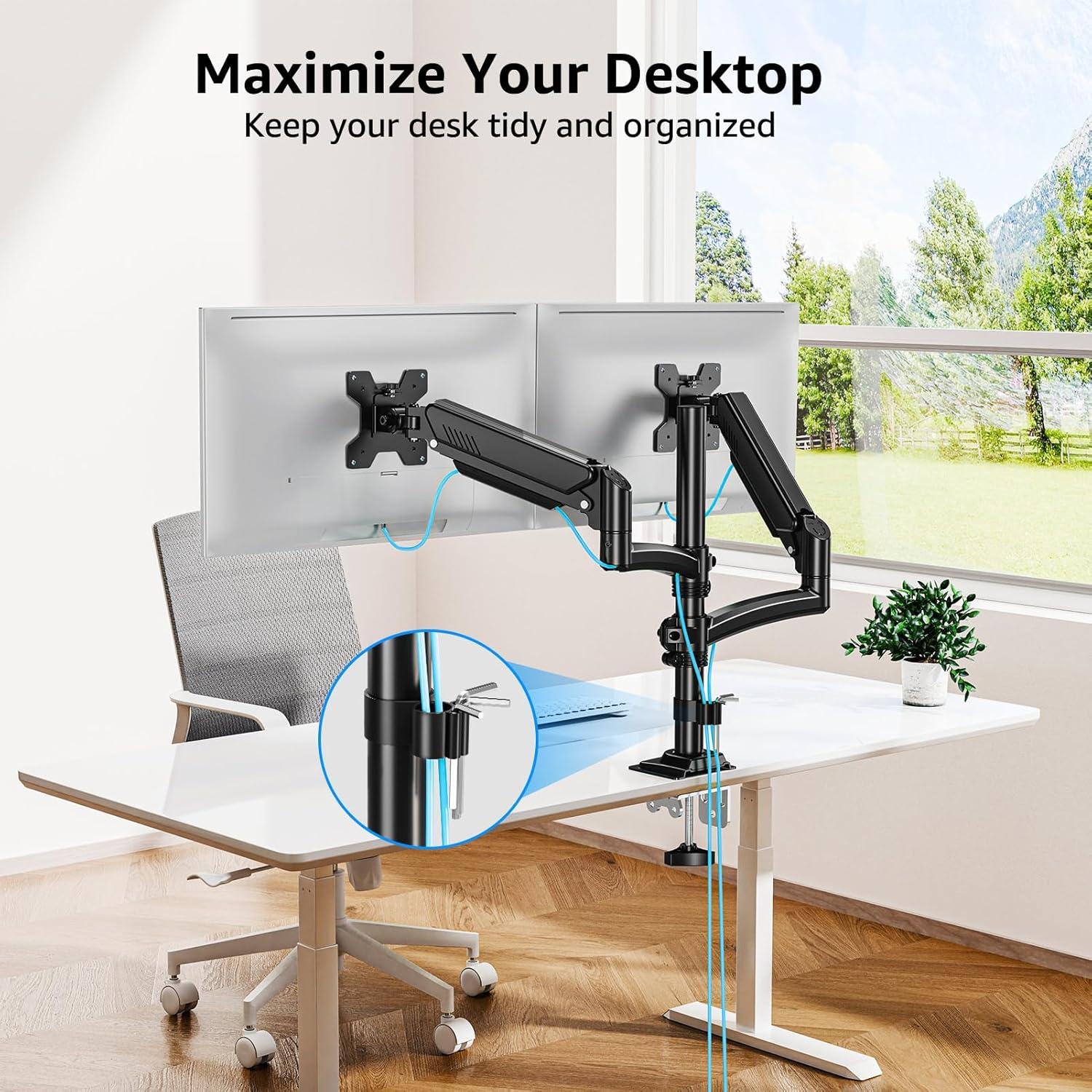 Suport 2 monitoare 26, 6-32 inch, VESA 75/100 mm, greutate suportata pana 10 kg, rotire 360°, inclinare 70°, inaltime reglabila, amortizor cu gaz integrat, prindere prin clema sau inel de montare, negru
