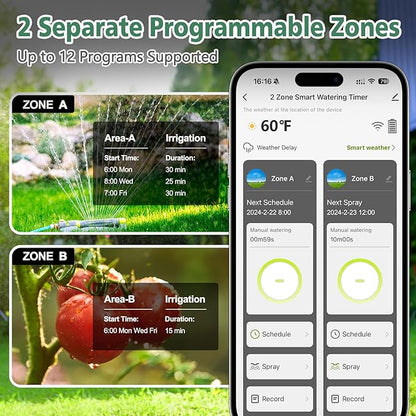 Programator irigare/udare Smart, Bluetooth, WiFi, control prin aplicatie, 2 zone, 2 moduri si 2 optiuni de frecventa, 12 programe irigare, amanare in caz de ploaie, compatibil Android si iOS, pentru gradina, gazon, peluza